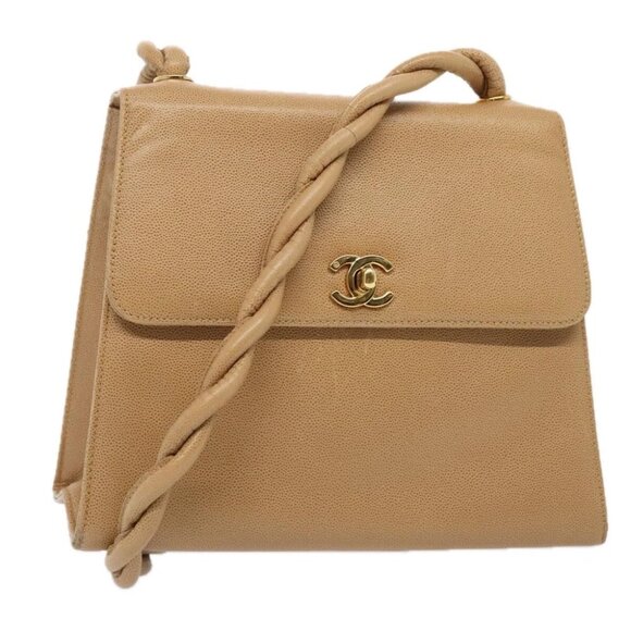 CHANEL Turn Lock Shoulder Bag Caviar Skin Beige Gold CC - Picture 1 of 15